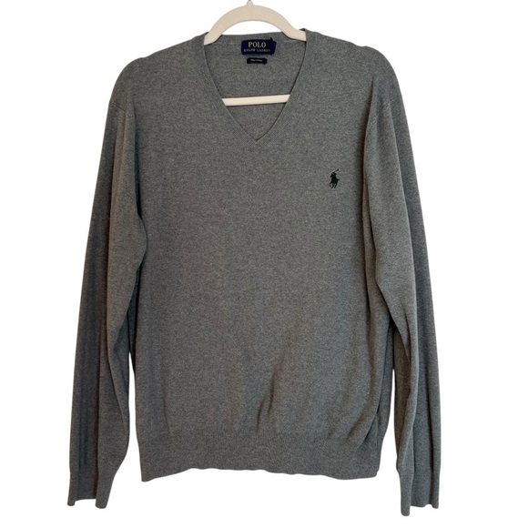 Polo Ralph Lauren Classic Cotton V Neck Sweater Heather Grey Large Preppy Casual - Picture 1 of 5